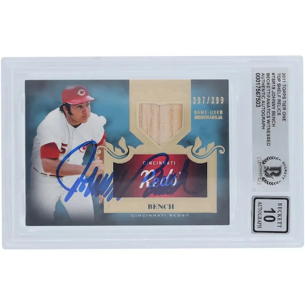 Johnny Bench Signed 2011 Topps Tier One Top Shelf Bat Relic Card | Graded 10