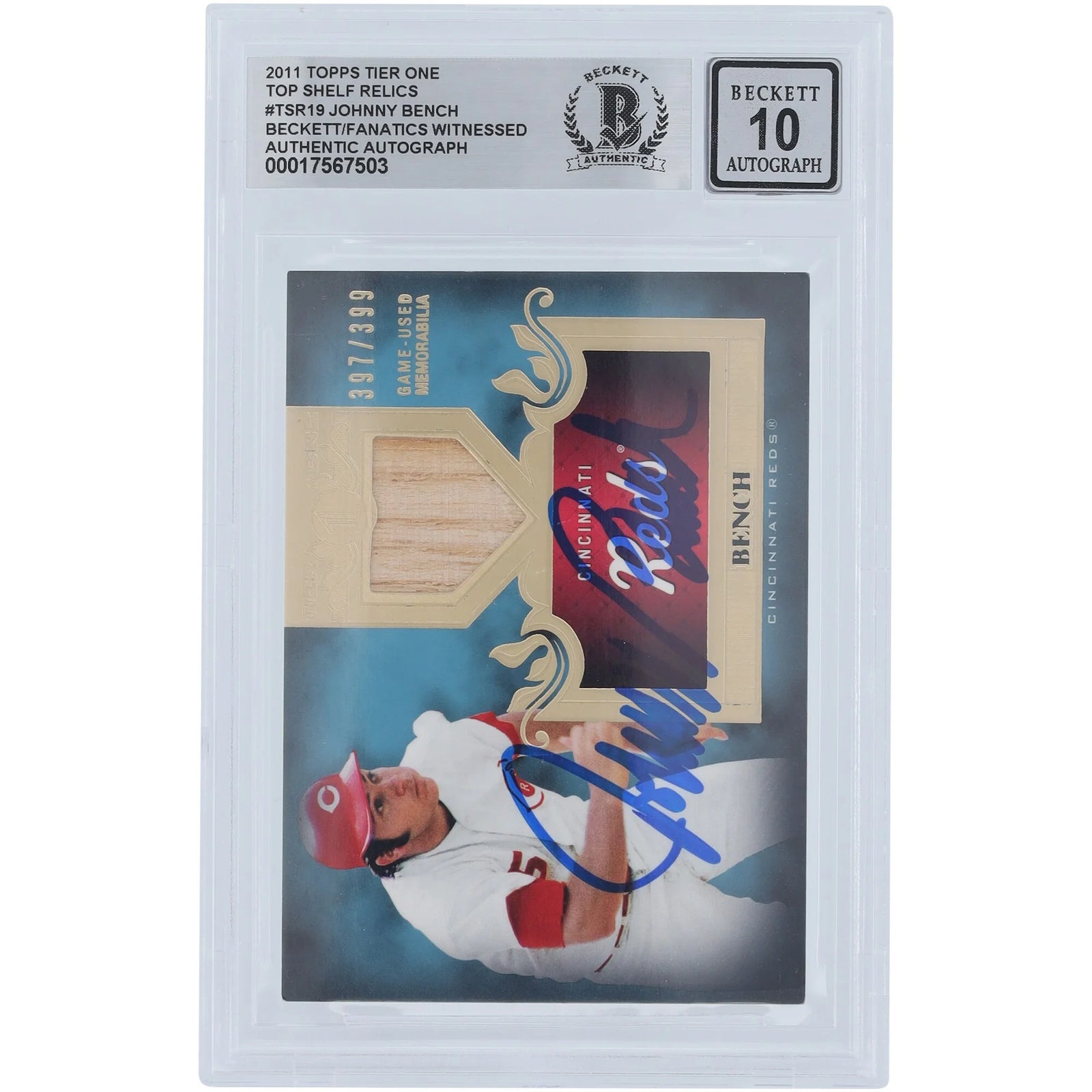 Johnny Bench Signed 2011 Topps Tier One Top Shelf Bat Relic Card | Graded 10
