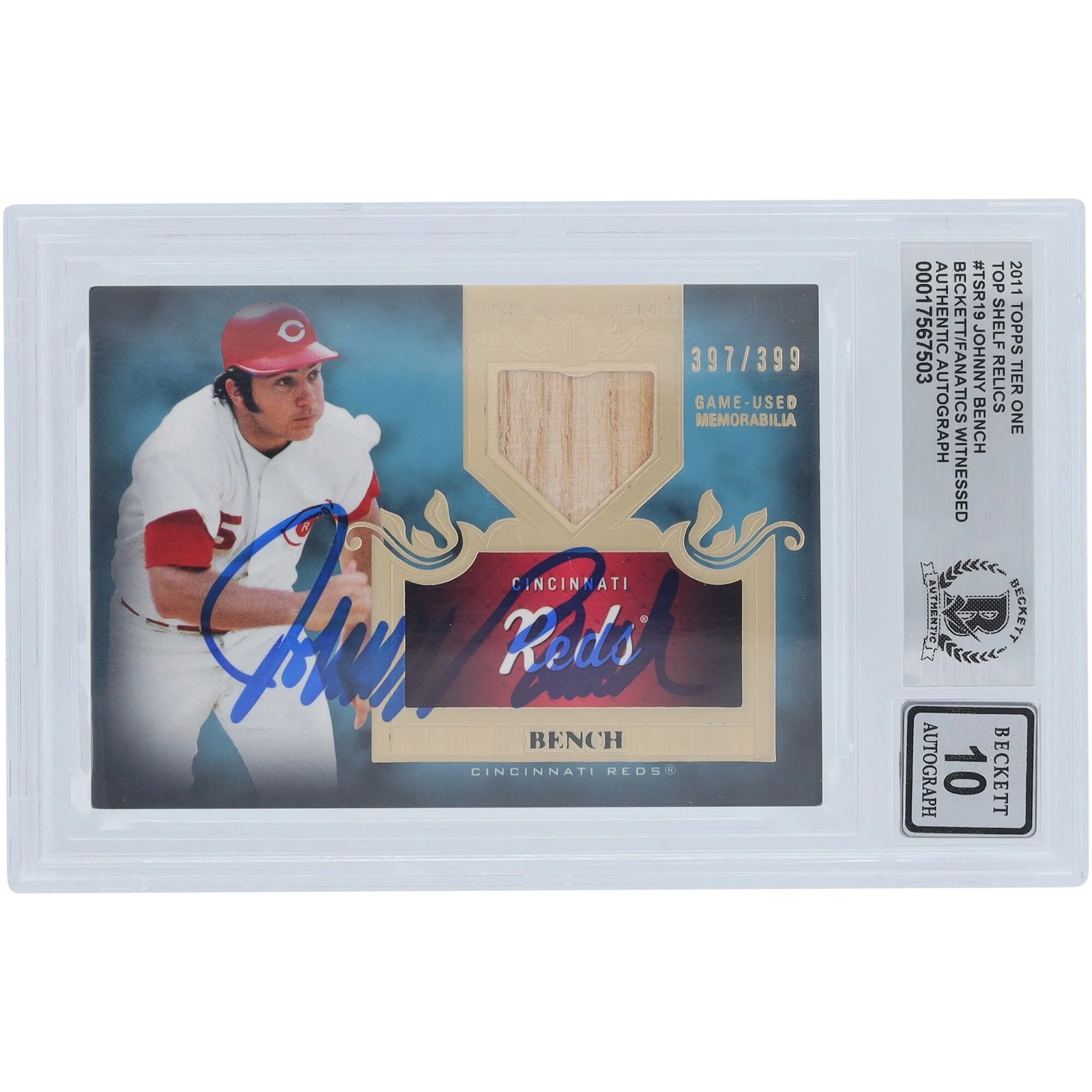 Johnny Bench Signed 2011 Topps Tier One Top Shelf Bat Relic Card | Graded 10