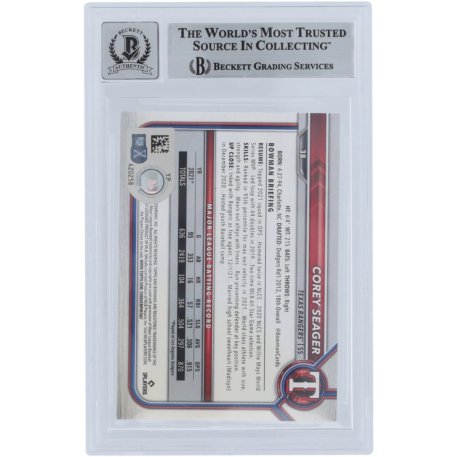Corey Seager Signed 2022 Bowman #38 | Graded 10 Beckett
