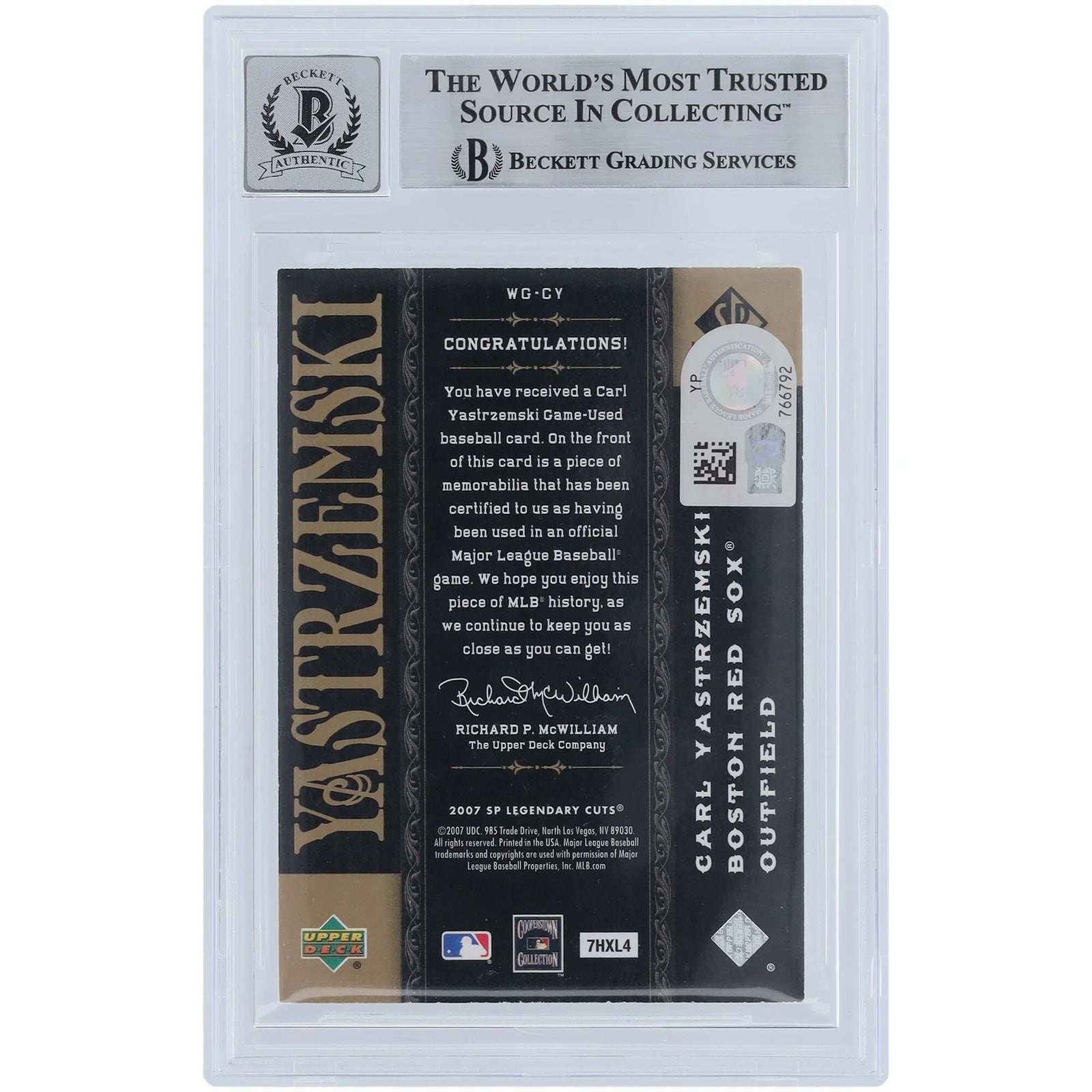 Carl Yastrzemski Signed 2007 Upper Deck SP Legendary Cuts Card | Jersey Relic, Graded 10