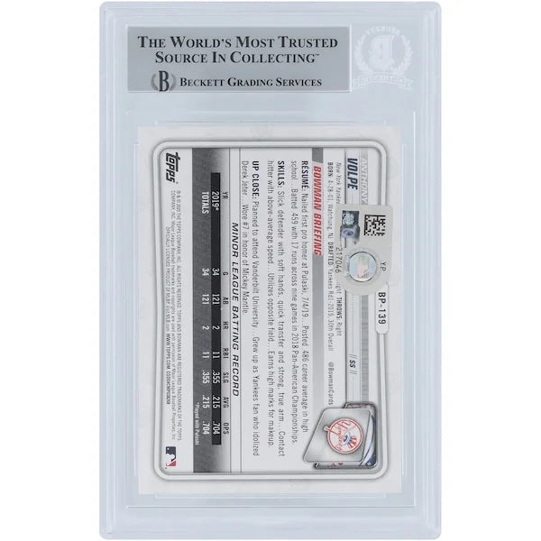 Anthony Volpe New York Yankees Autographed 2020 Bowman Prospects 1st Bowman #BP-139 Beckett Fanatics Witnessed Authenticated Card with "Go Yankees" Inscription - F2