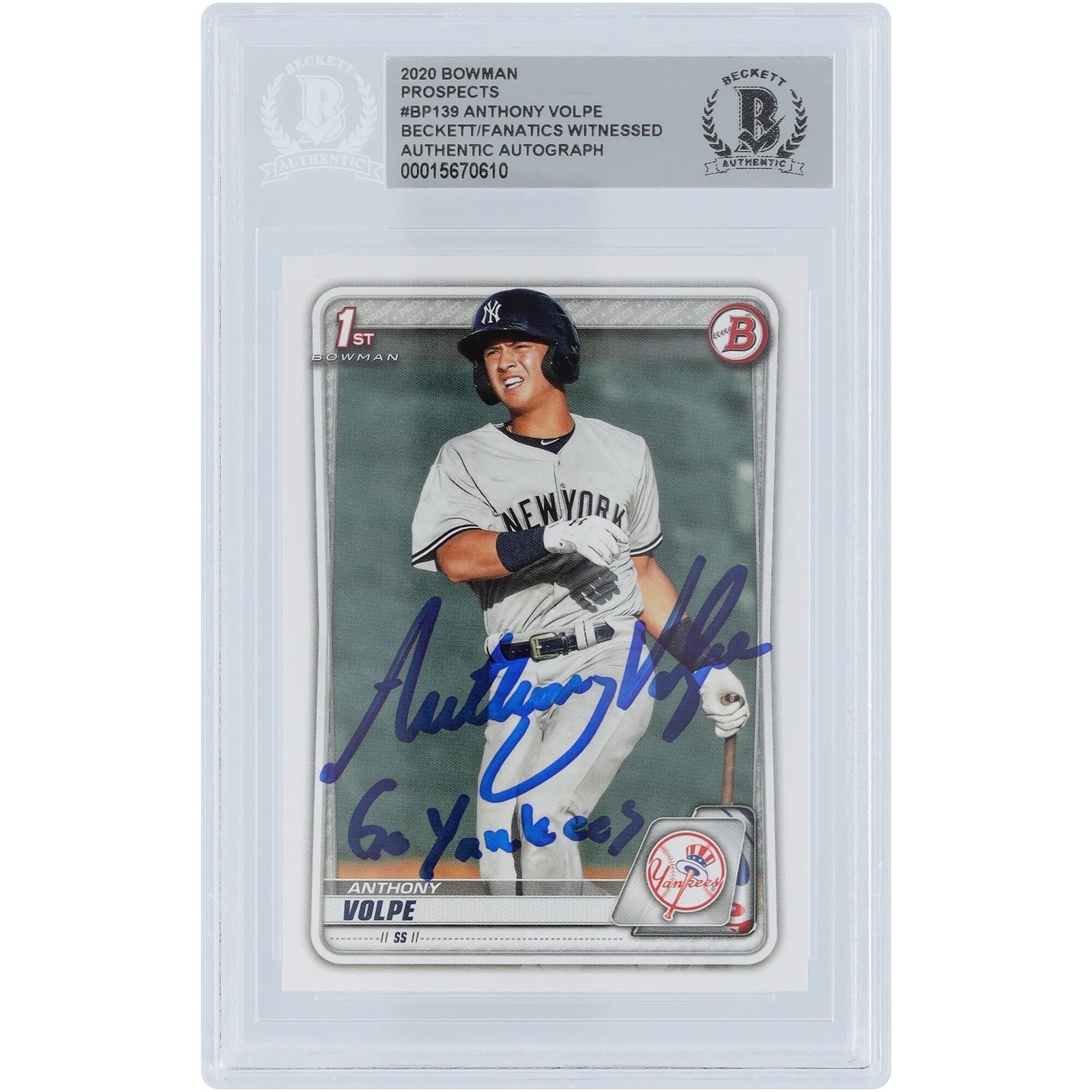 Anthony Volpe New York Yankees Autographed 2020 Bowman Prospects 1st Bowman #BP-139 Beckett Fanatics Witnessed Authenticated Card with "Go Yankees" Inscription - F2