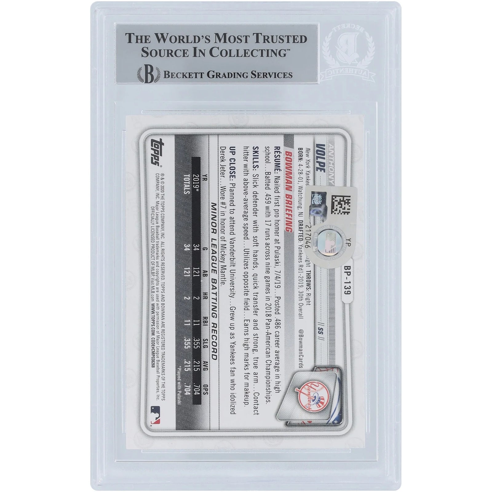 Anthony Volpe New York Yankees Autographed 2020 Bowman Prospects 1st Bowman #BP-139 Beckett Fanatics Witnessed Authenticated Card with "Go Yankees" Inscription - F2