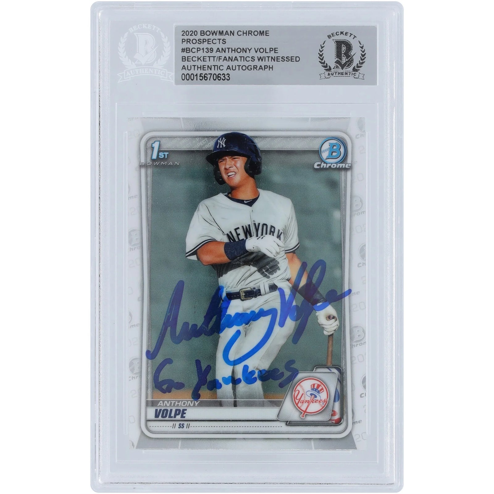 Anthony Volpe New York Yankees Autographed 2020 Bowman Chrome Prospects 1st Bowman #BCP-139 Beckett Fanatics Witnessed Authenticated Card with "Go Yankees" Inscription - F3
