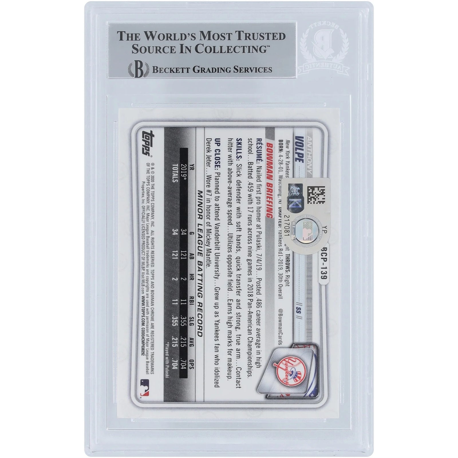 Anthony Volpe New York Yankees Autographed 2020 Bowman Chrome Prospects 1st Bowman #BCP-139 Beckett Fanatics Witnessed Authenticated Card with "Go Yankees" Inscription - F3