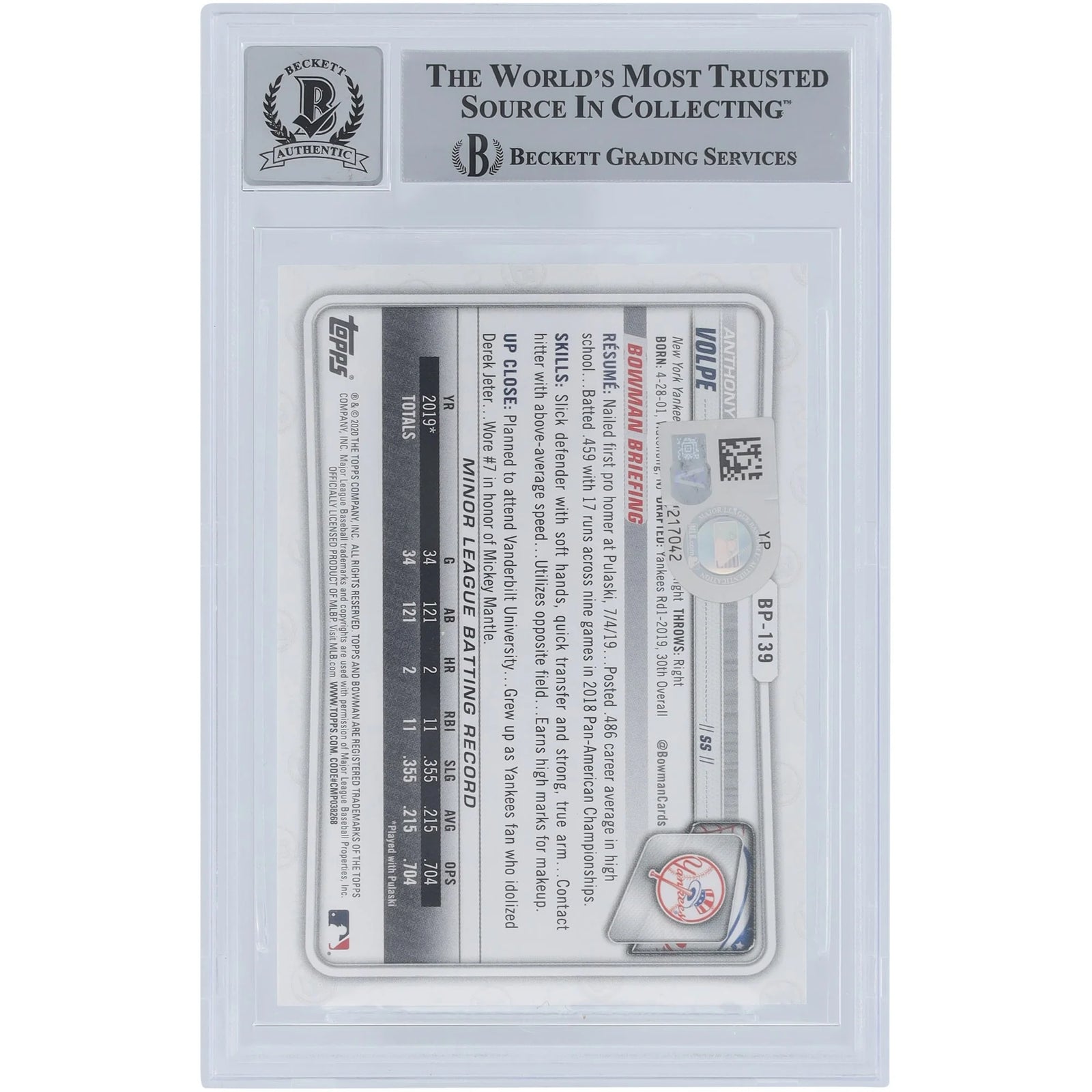 Anthony Volpe Signed 2020 Bowman Prospects #BP-139 | Go Yankees Inscription