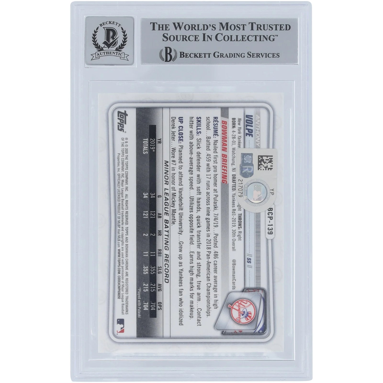 Anthony Volpe Signed 2020 Bowman Chrome Prospects Card | Go Yankees Inscription
