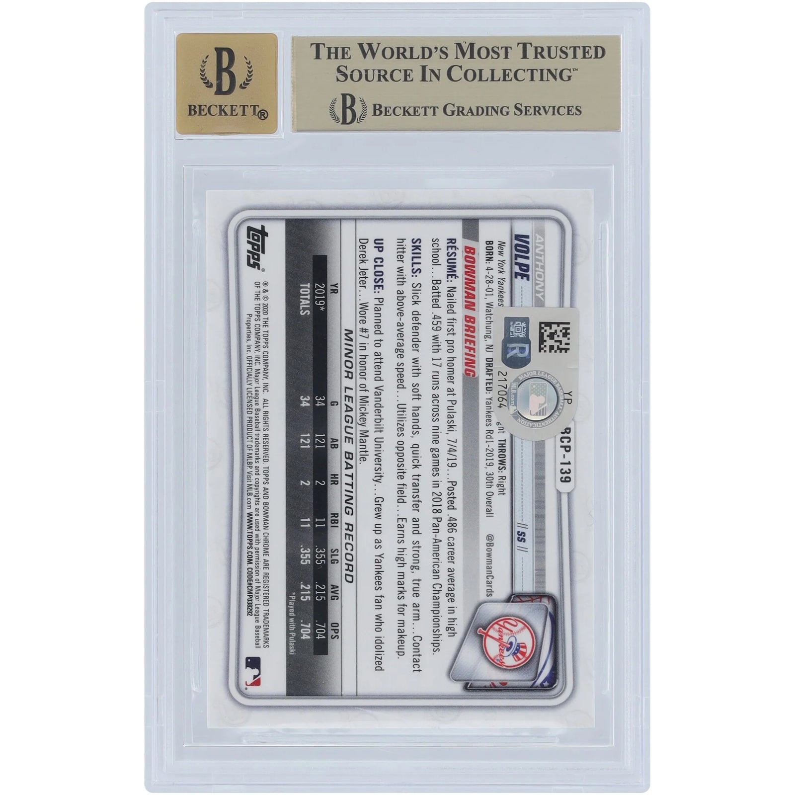 Anthony Volpe Signed 2020 Bowman Chrome Prospects #BCP-139 | BGS 9.5 Go Yankees