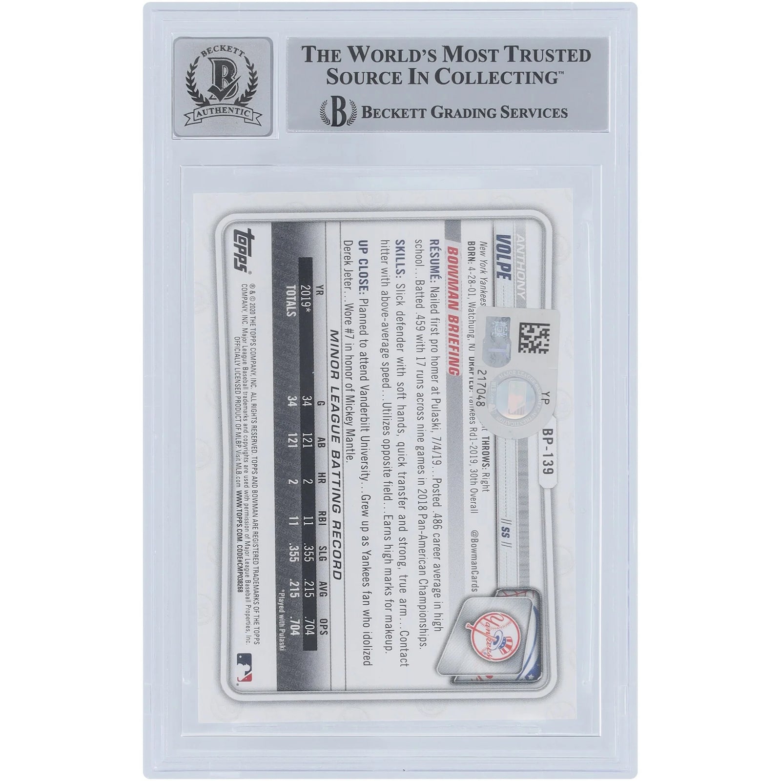Anthony Volpe Signed 2020 Bowman Prospects #BP-139 | Beckett 10 Inscription