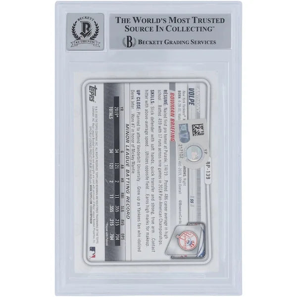 Anthony Volpe Signed 2020 Bowman Prospects #BP-139 | Beckett Graded 10