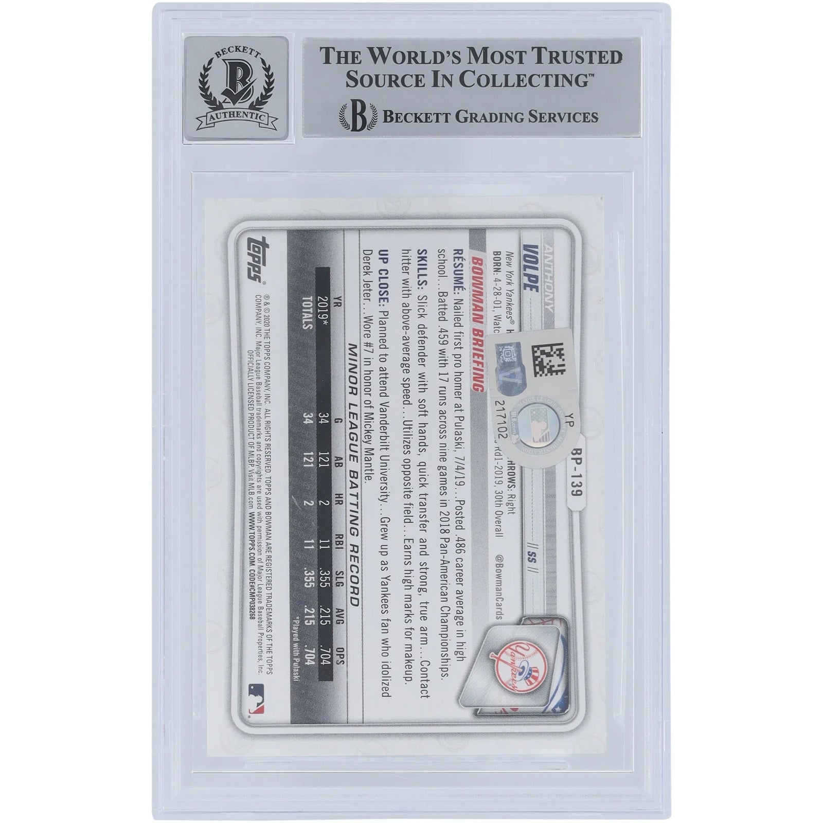 Anthony Volpe Signed 2020 Bowman Prospects #BP-139 | Beckett Graded 10