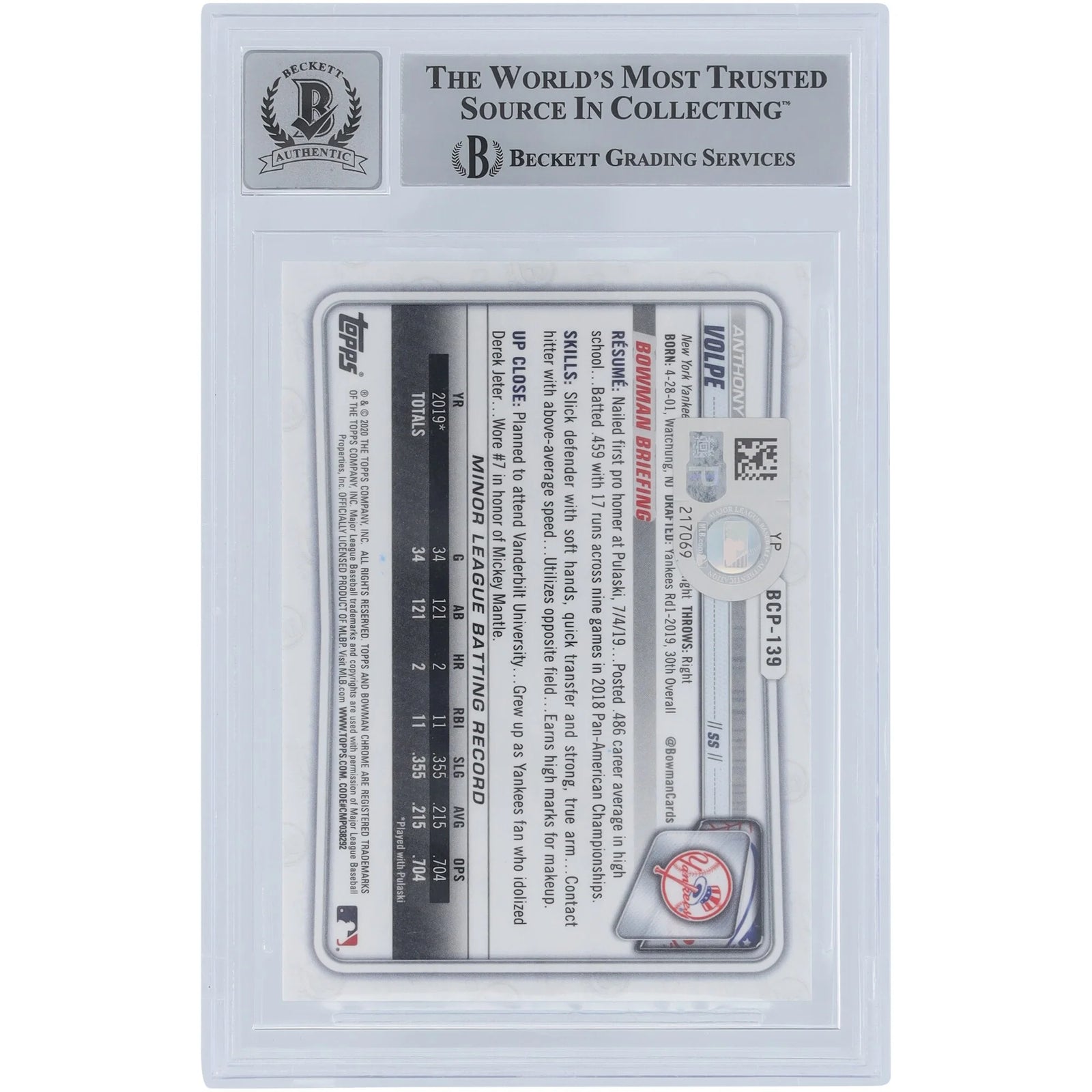 Anthony Volpe Signed 2020 Bowman Chrome Prospects #BCP-139 | Go Yankees Inscription
