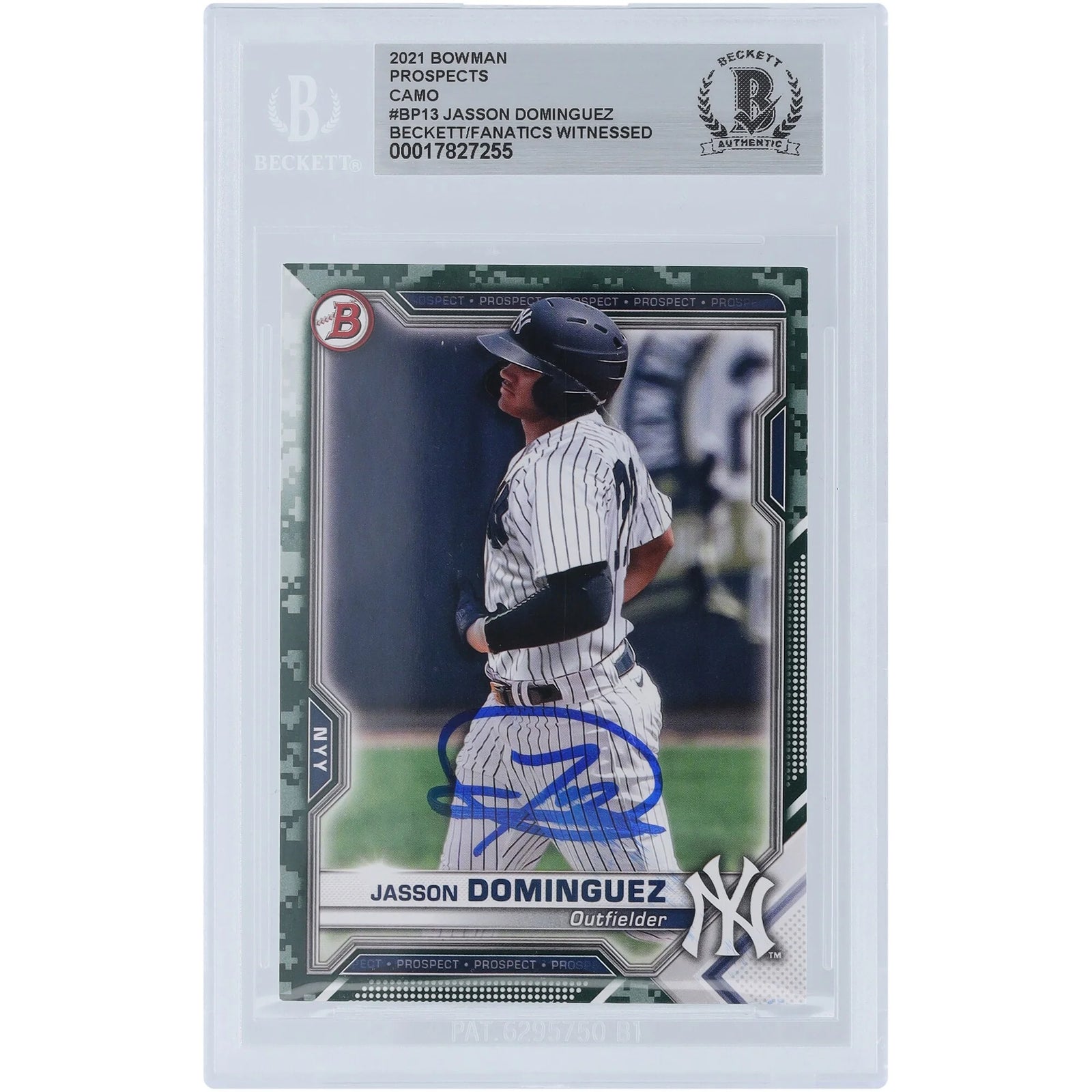 Jasson Dominguez New York Yankees Autographed 2021 Bowman Prospects Camo #BP-13 Beckett Fanatics Witnessed Authenticated Card - F2
