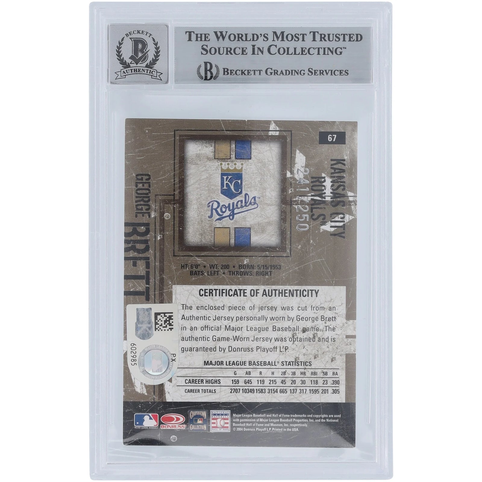 George Brett Signed 2004 Donruss Leather & Lumber #67 Card | Graded 10