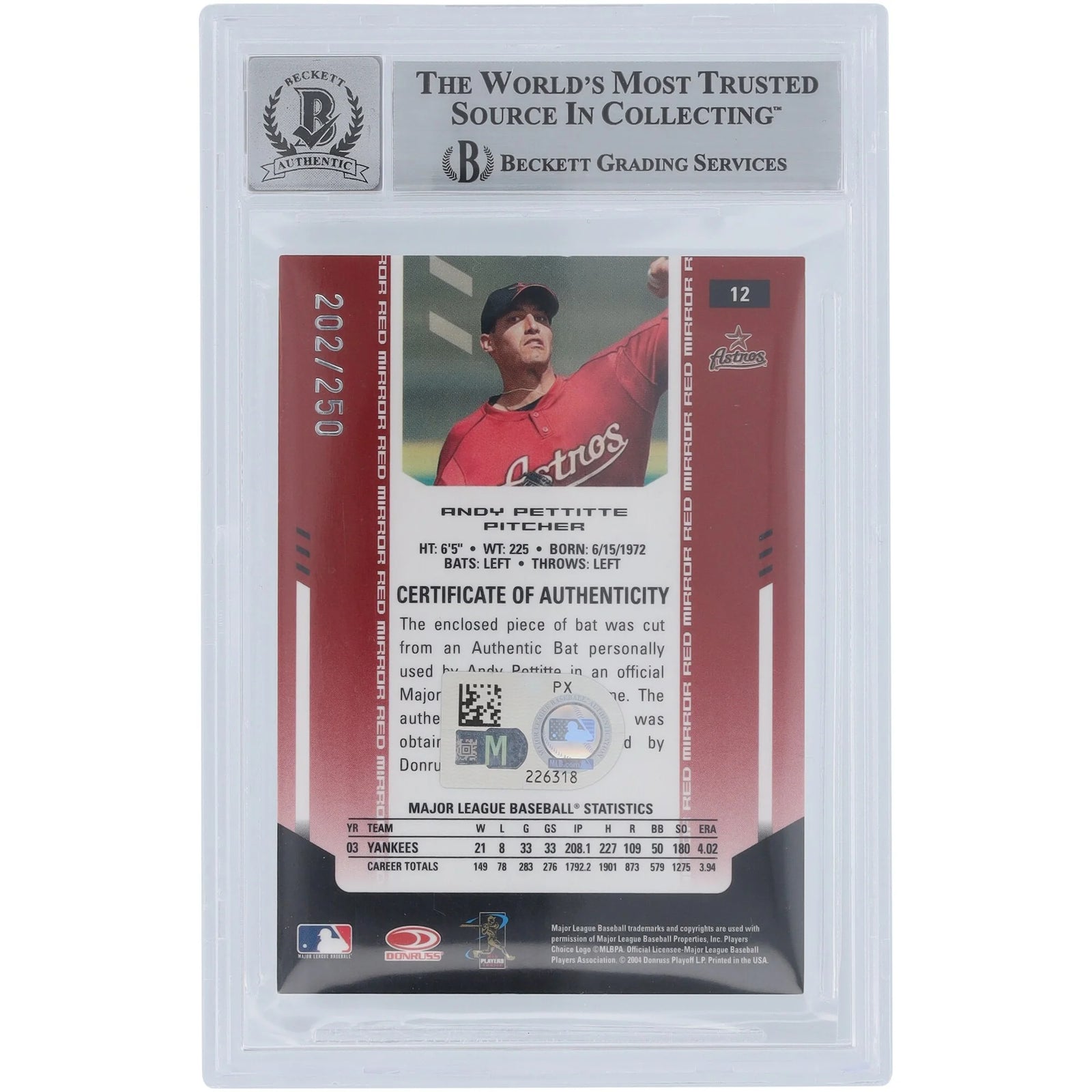 Andy Pettitte Signed 2004 Donruss Leaf Certified Materials Relic #12 Card | Graded 10