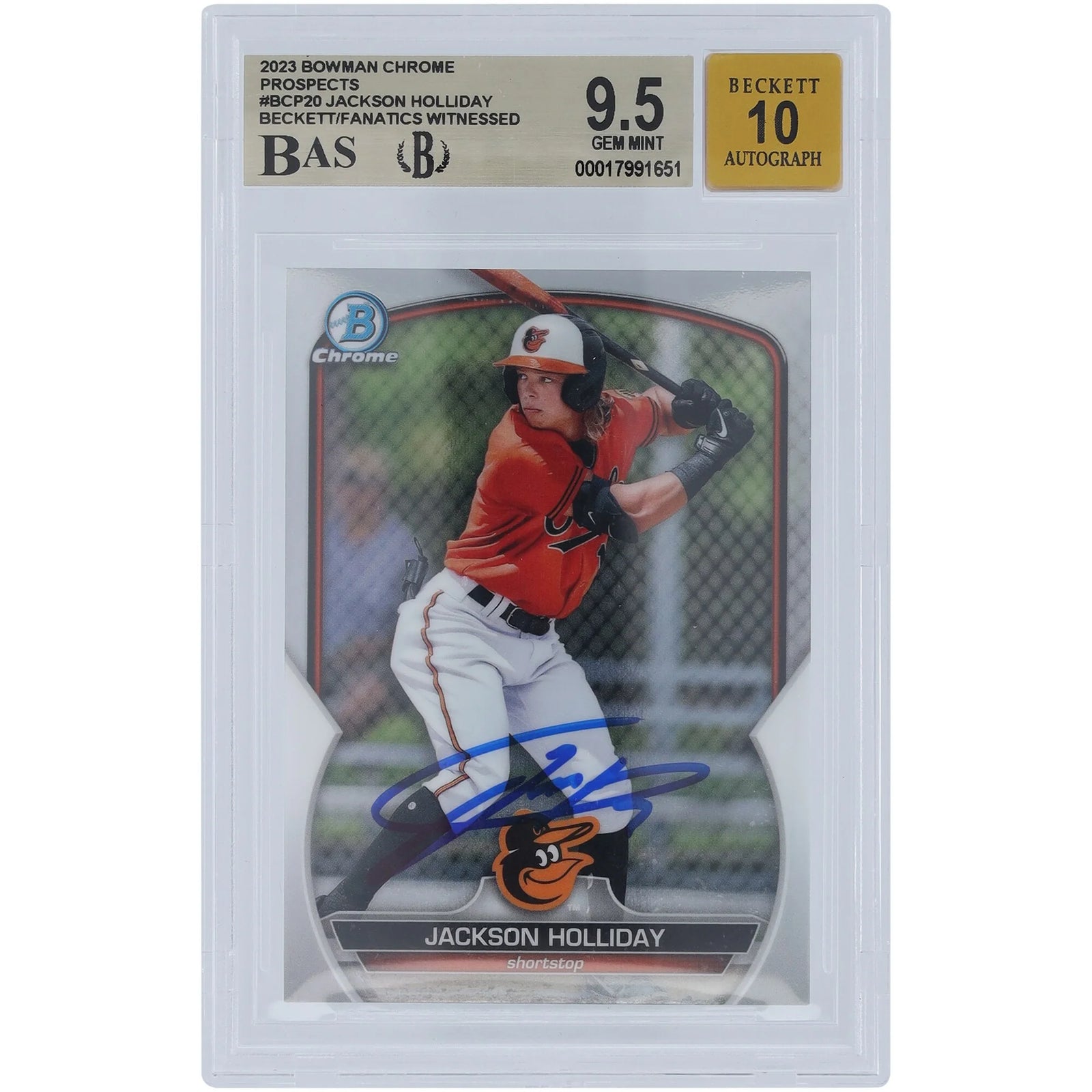 Jackson Holliday Signed 2023 Bowman Chrome Prospect Card #BCP-20 | Graded 9.5