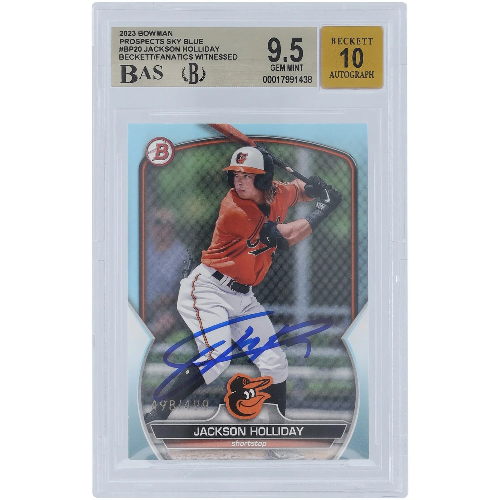 Jackson Holliday Signed 2023 Bowman Prospects Sky Blue Card | Graded 9.5