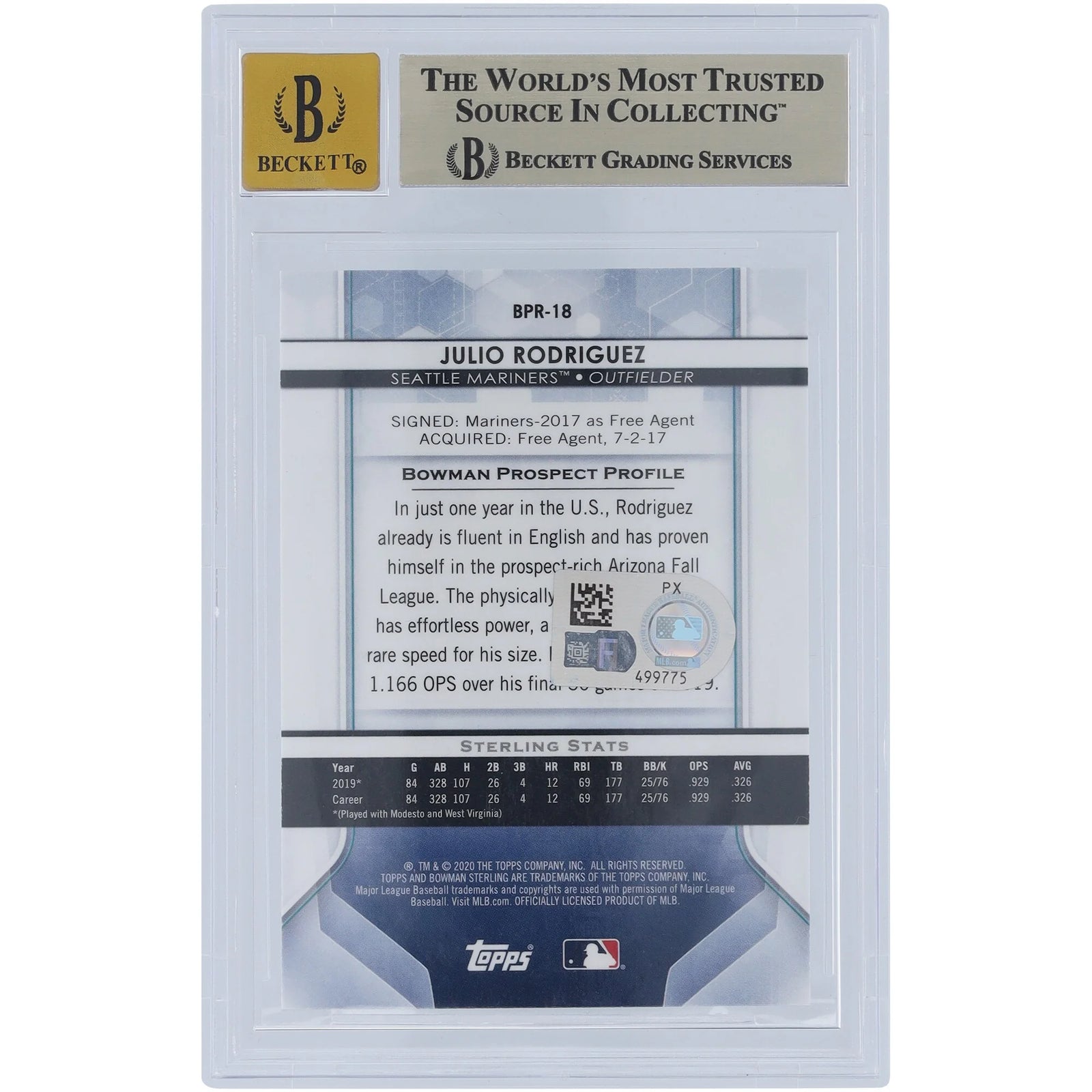 Julio Rodriguez Signed 2020 Bowman Sterling #BPR-18 | Graded 9.5