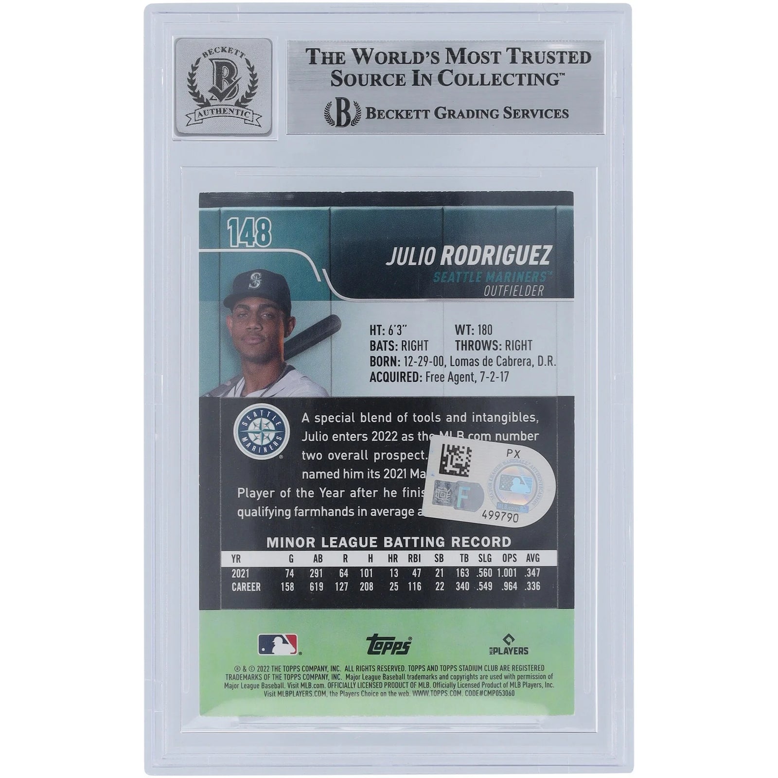 Julio Rodriguez Signed 2022 Topps Stadium Club #148 Rookie Card | Grade 10