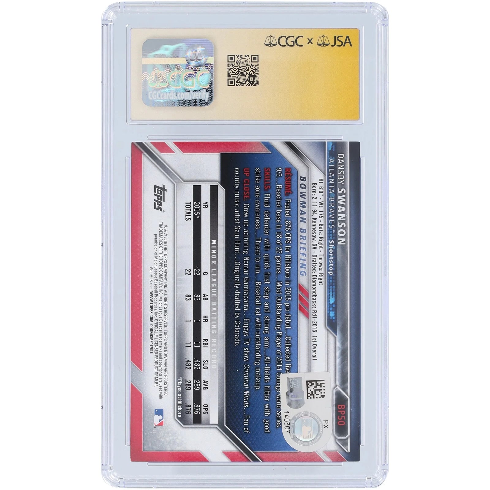 Dansby Swanson Signed 2016 Bowman Prospects #BP50 Card | CGC Graded 9