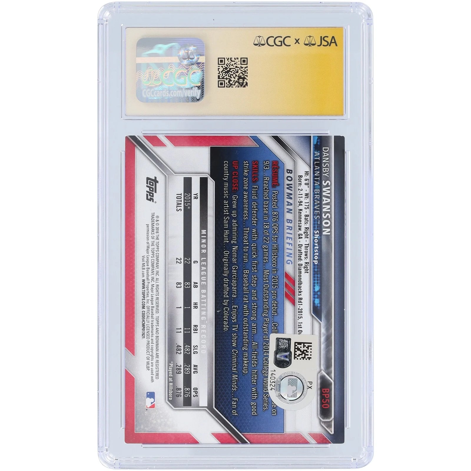Dansby Swanson Signed 2016 Bowman Prospects Yellow #BP50 | CGC Auto 10