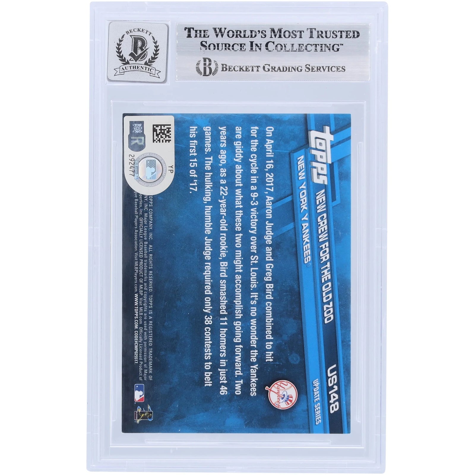 Aaron Judge Signed 2017 Topps Update Series Card #US148 | Graded 10