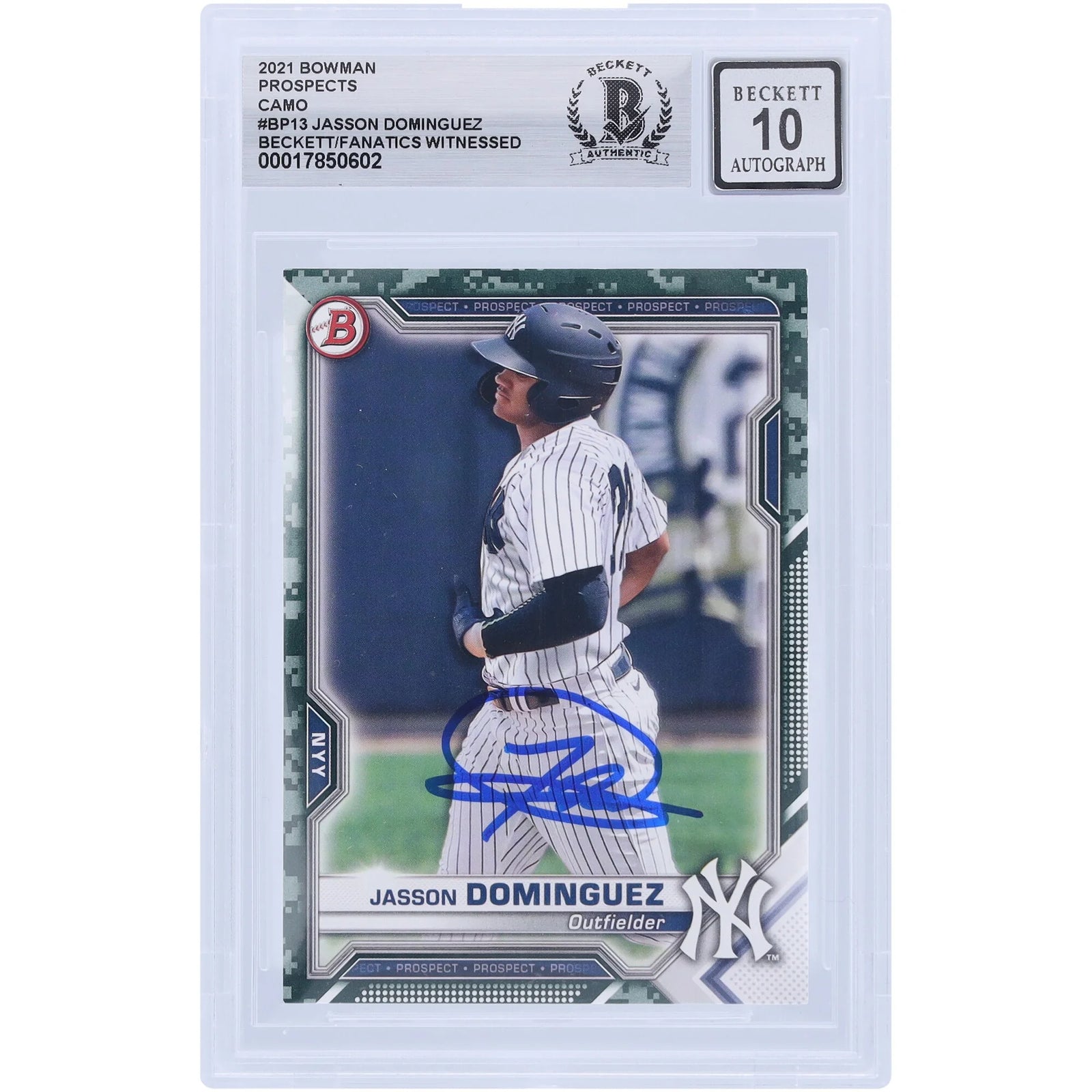 Jasson Dominguez Signed 2021 Topps Bowman Camo Prospects #BP-13 | Graded 10
