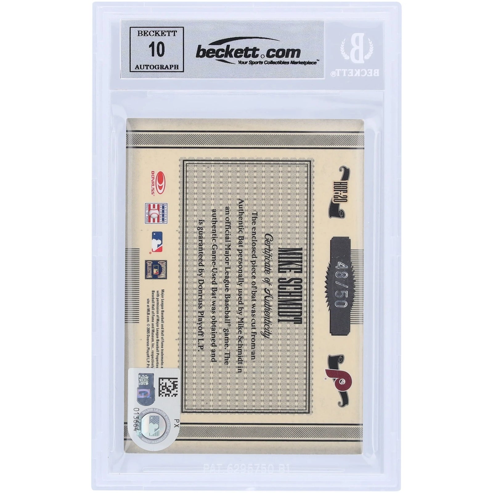 Mike Schmidt Signed 2005 Donruss Timeless Treasures Bat Relic | Grade 10