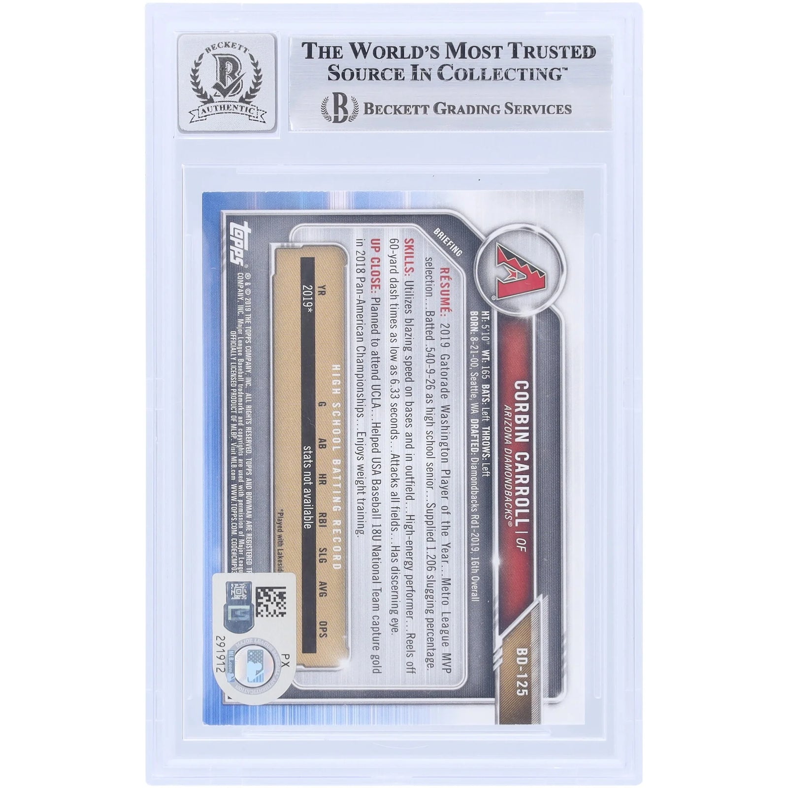 Corbin Carroll Signed 2019 Bowman Draft #BD-125 | Graded 10