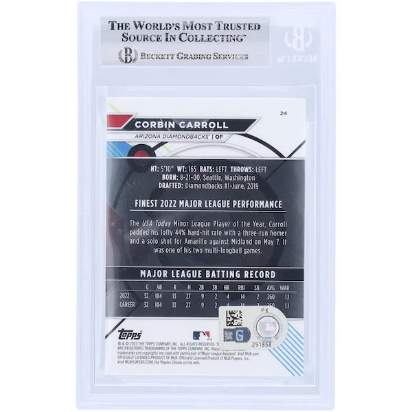 Corbin Carroll Arizona Diamondbacks Autographed 2023 Topps Finest #24 Beckett Fanatics Witnessed Authenticated Rookie Card - F2