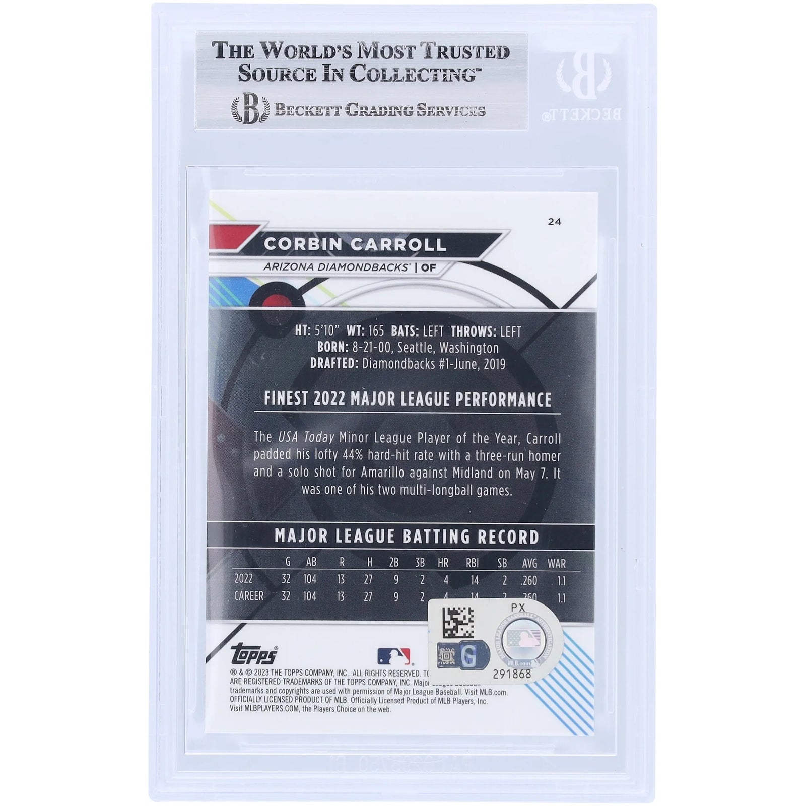 Corbin Carroll Arizona Diamondbacks Autographed 2023 Topps Finest #24 Beckett Fanatics Witnessed Authenticated Rookie Card - F2