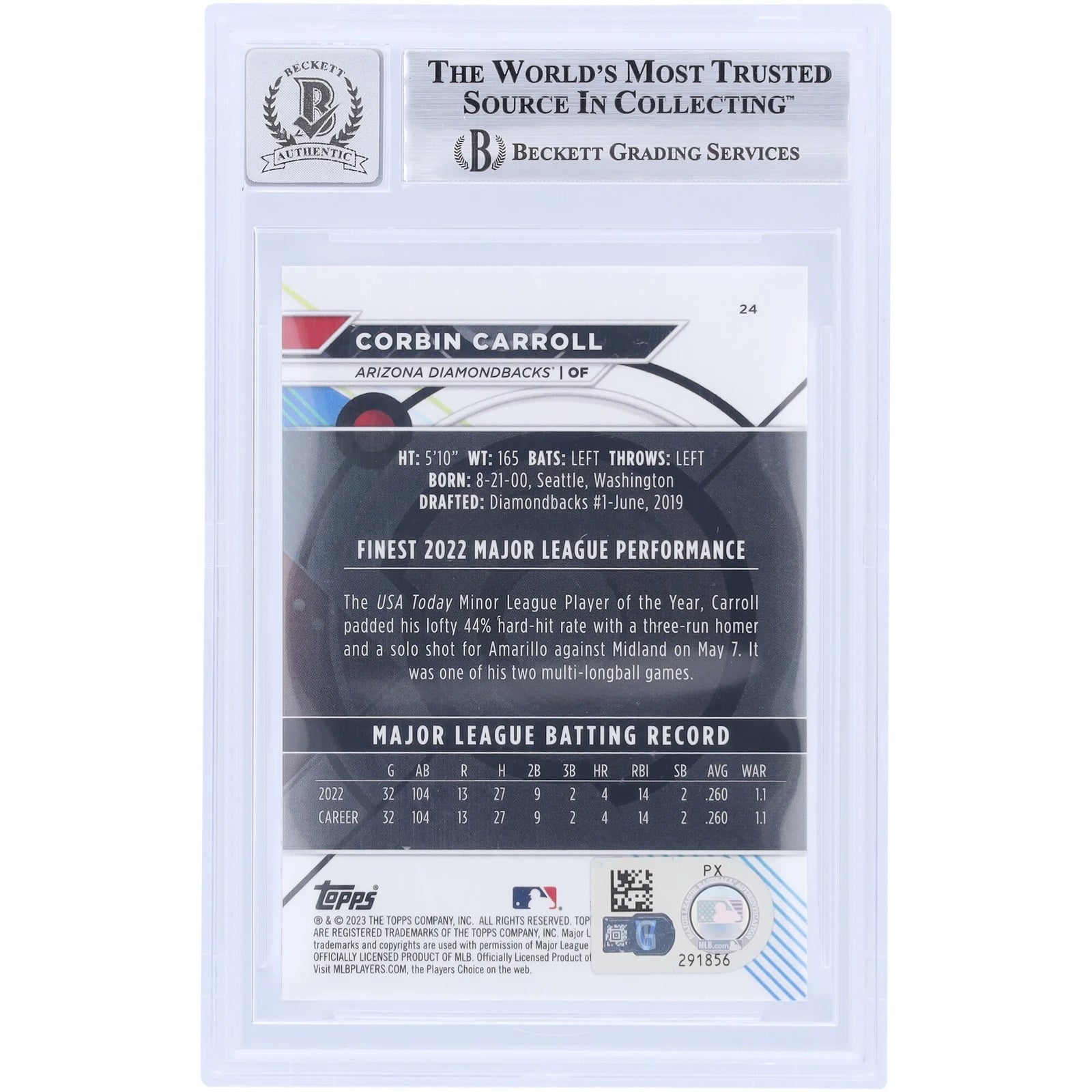 Corbin Carroll Signed 2023 Topps Finest #24 Rookie Card | Graded 10