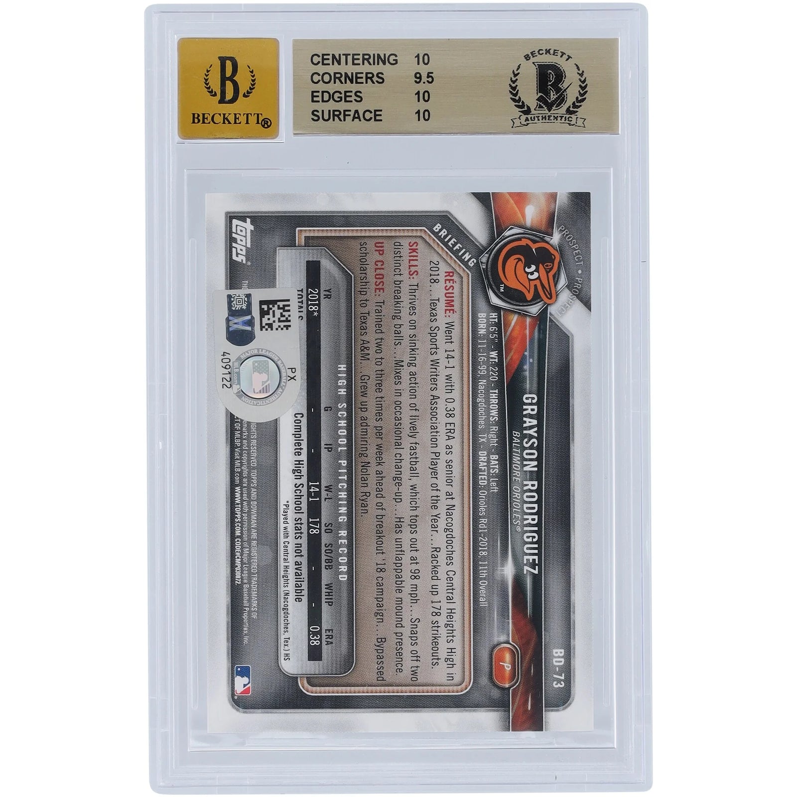 Grayson Rodriguez Signed 2018 Bowman Draft #BD-73 | Beckett 10
