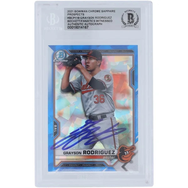 Grayson Rodriguez Baltimore Orioles Autographed 2021 Bowman Chrome Prospects Sapphire #BCP-118 Beckett Fanatics Witnessed Authenticated Card - F2