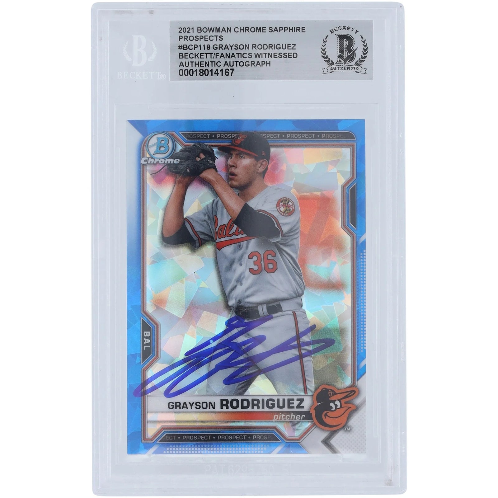 Grayson Rodriguez Baltimore Orioles Autographed 2021 Bowman Chrome Prospects Sapphire #BCP-118 Beckett Fanatics Witnessed Authenticated Card - F2