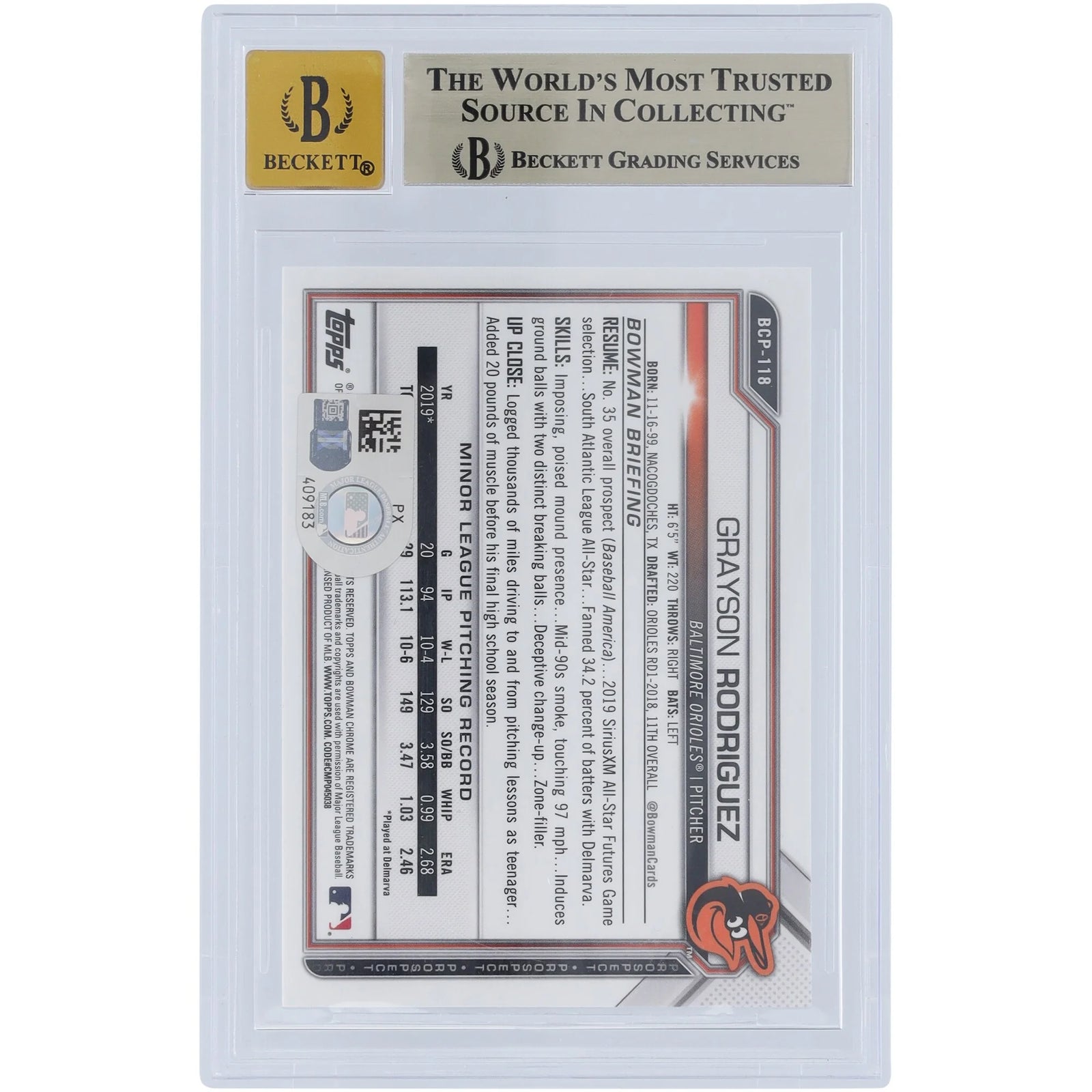 Grayson Rodriguez Signed 2021 Bowman Chrome Prospects Sapphire Card | Graded 9.5