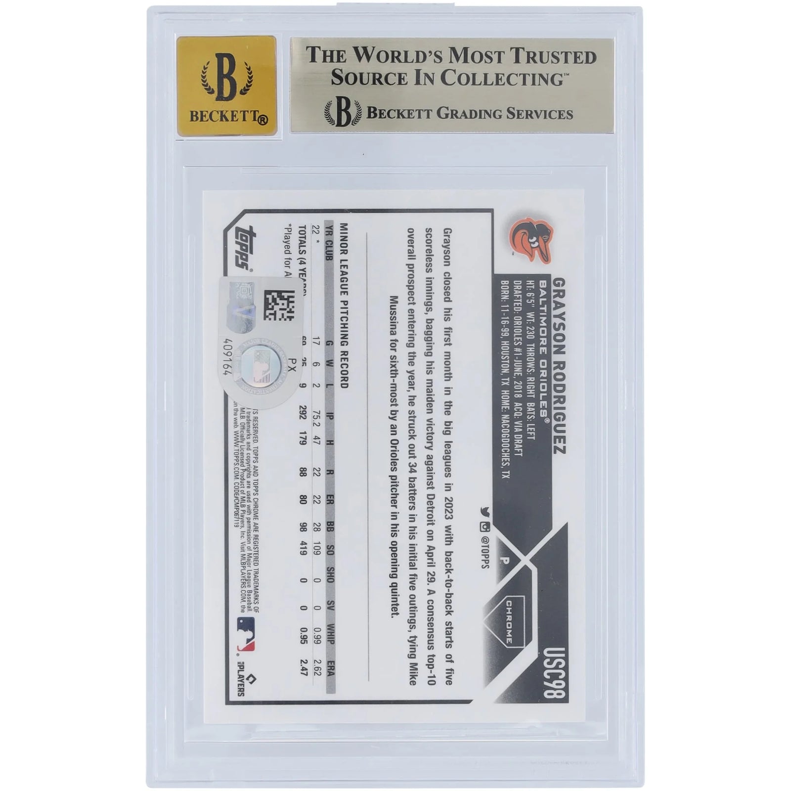 Grayson Rodriguez Signed 2023 Topps Chrome Update #USC98 | Graded 9.5 Rookie Card