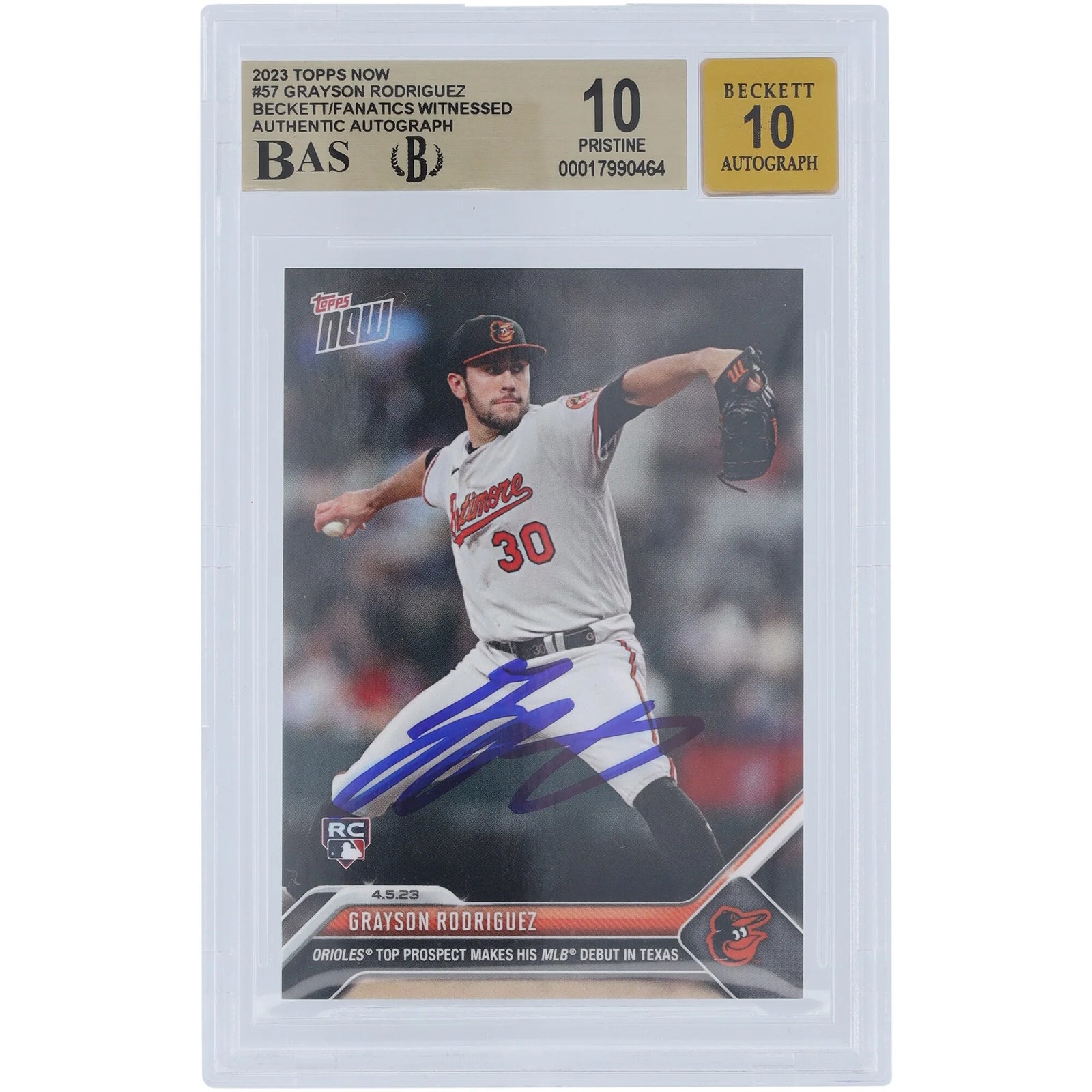Grayson Rodriguez Baltimore Orioles Autographed 2023 Topps Now MLB Debut #57 Beckett Fanatics Witnessed Authenticated 10/10 Rookie Card - 10,10,10,9.5 Subgrades - F2