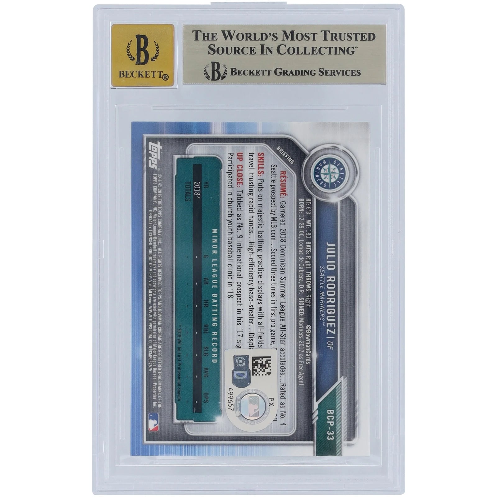 Julio Rodriguez Signed 2019 Bowman Chrome #BCP-33 | Graded 9.5