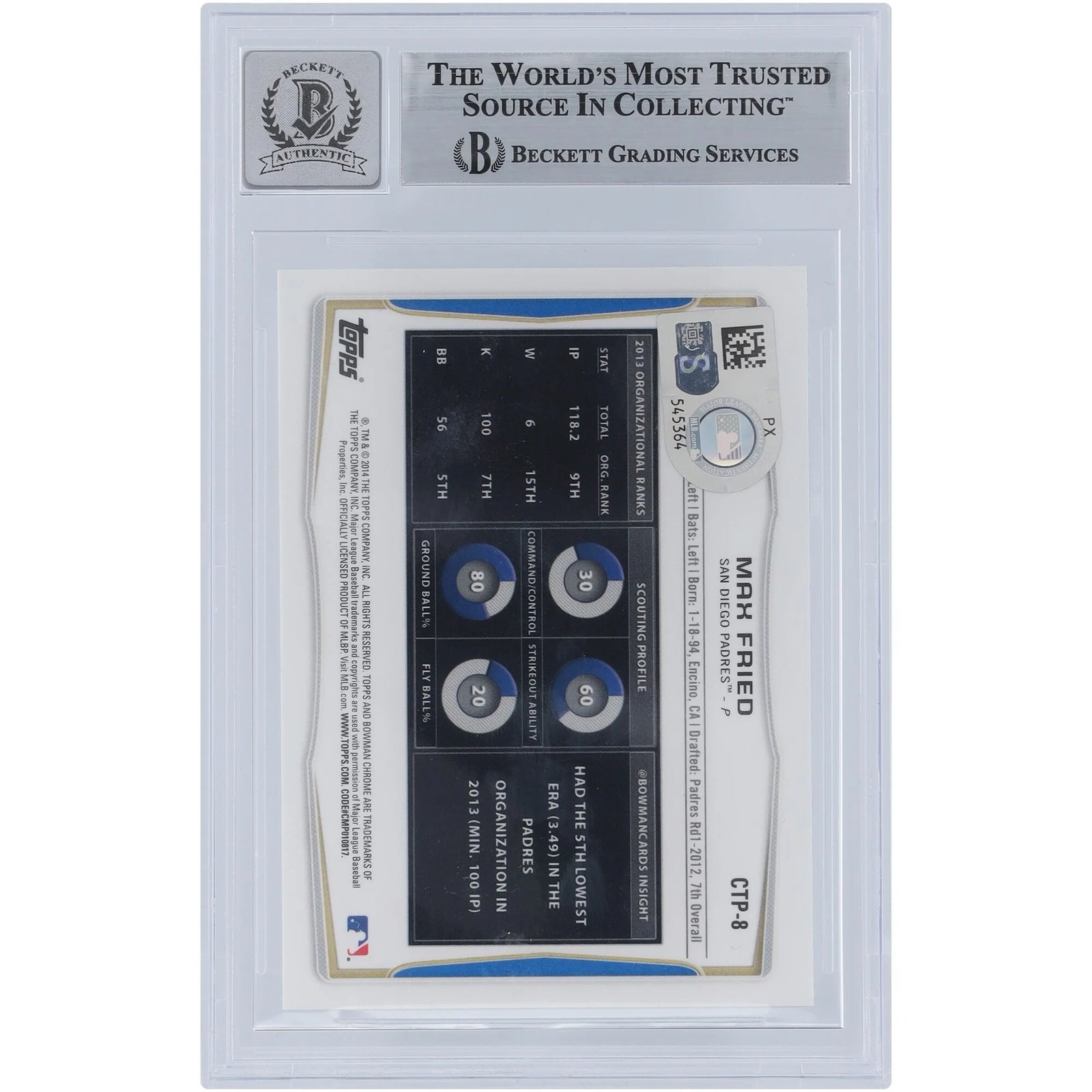 Max Fried Signed 2014 Bowman Chrome Draft Top Prospects #CTP-8 | Graded 10