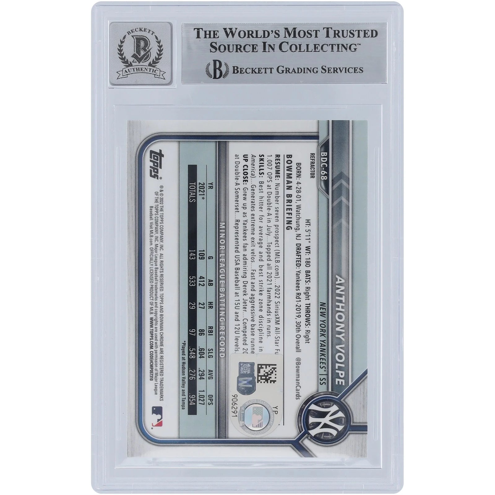 Anthony Volpe Signed 2022 Bowman Chrome Draft Refractor #BDC-68 | Graded 10