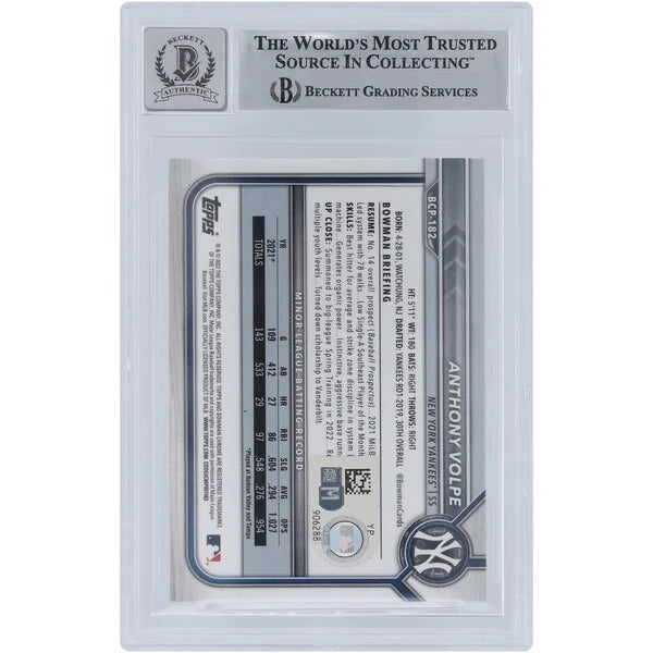 Anthony Volpe Signed 2022 Bowman Chrome Prospects Sapphire #BCP-182 | Graded 10