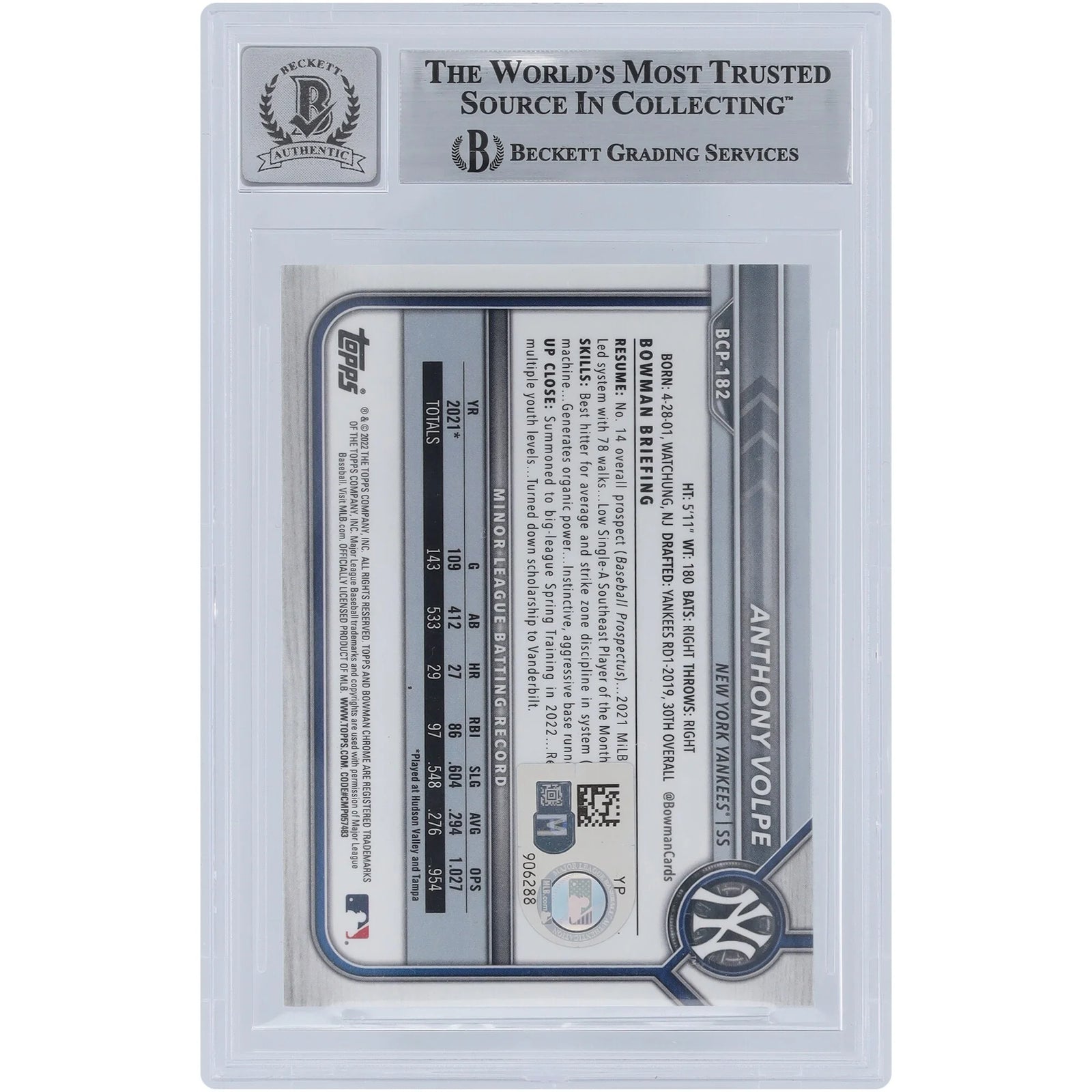 Anthony Volpe Signed 2022 Bowman Chrome Prospects Sapphire #BCP-182 | Graded 10