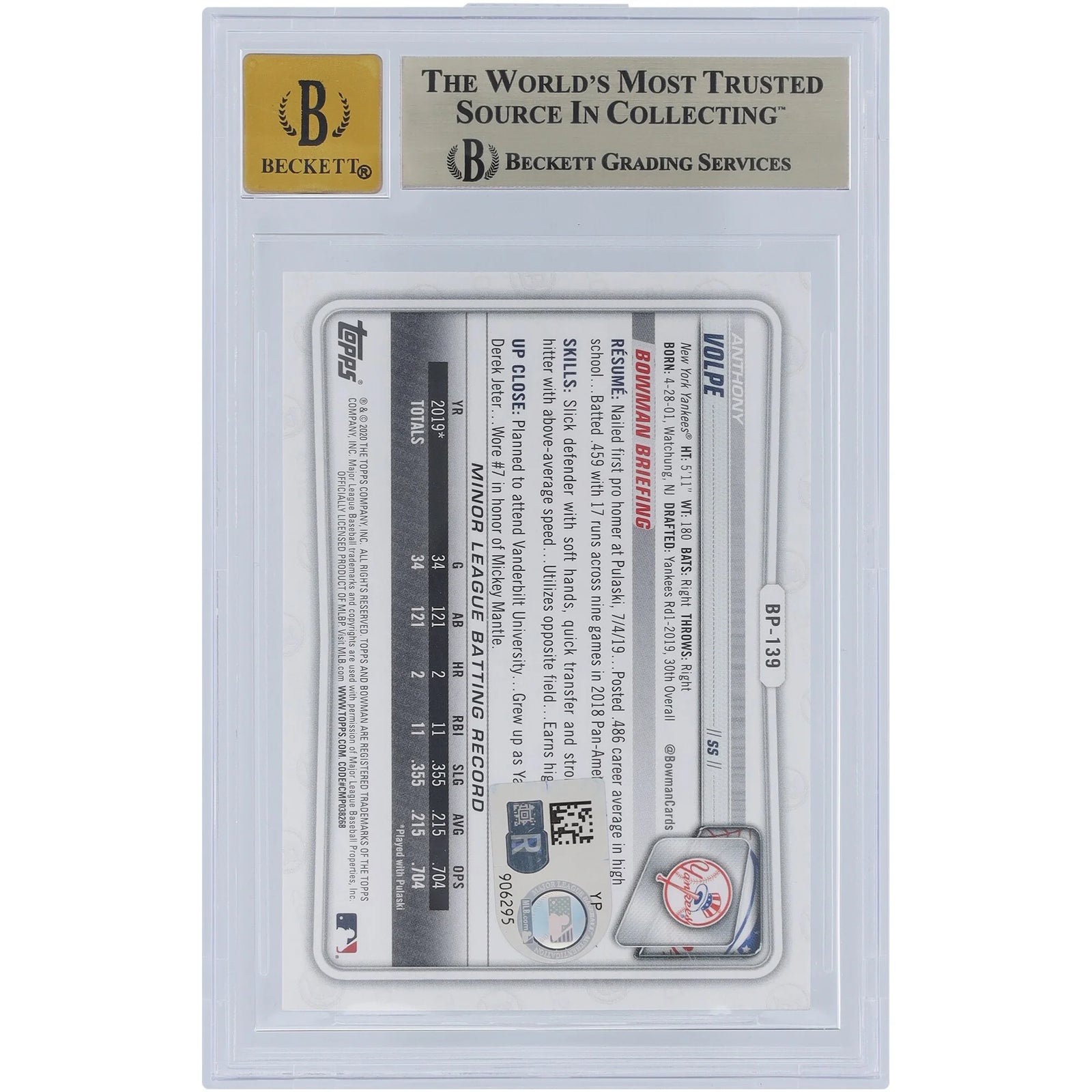 Anthony Volpe Signed 2020 Bowman Prospects Camo Card | BGS 9.5