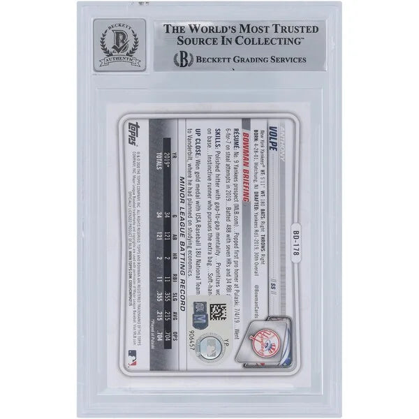 Anthony Volpe Signed 2020 Bowman Draft #BD-178 | Graded 10