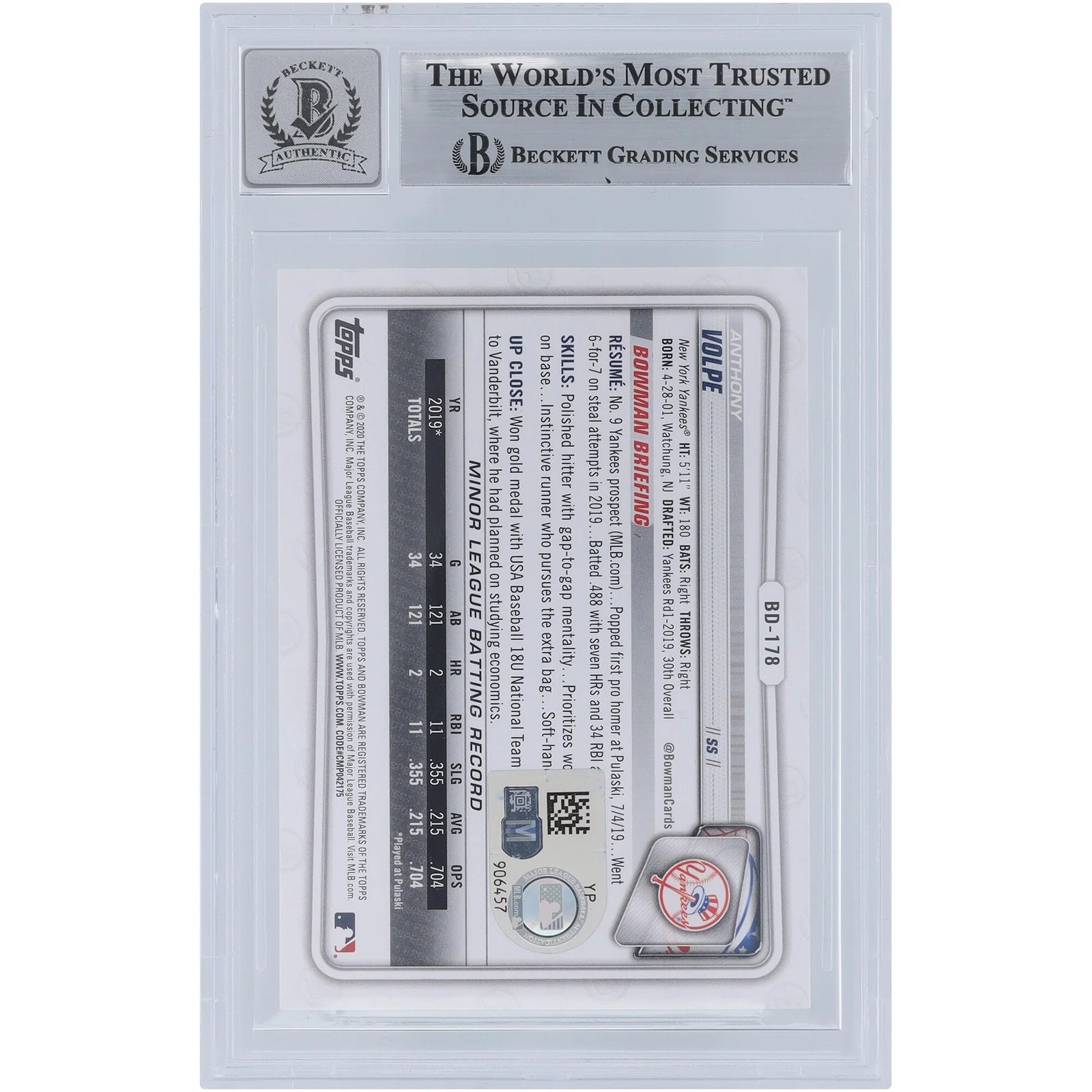 Anthony Volpe Signed 2020 Bowman Draft #BD-178 | Graded 10