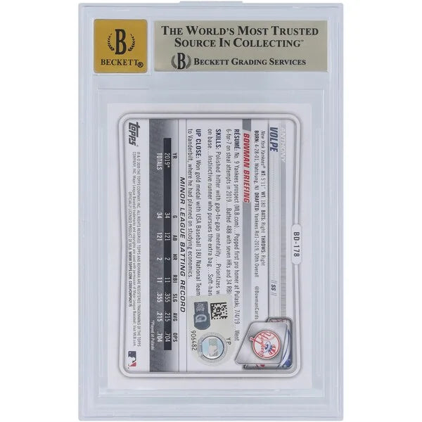 Anthony Volpe Signed 2020 Bowman Draft #BD-178 Card | Graded 9.5