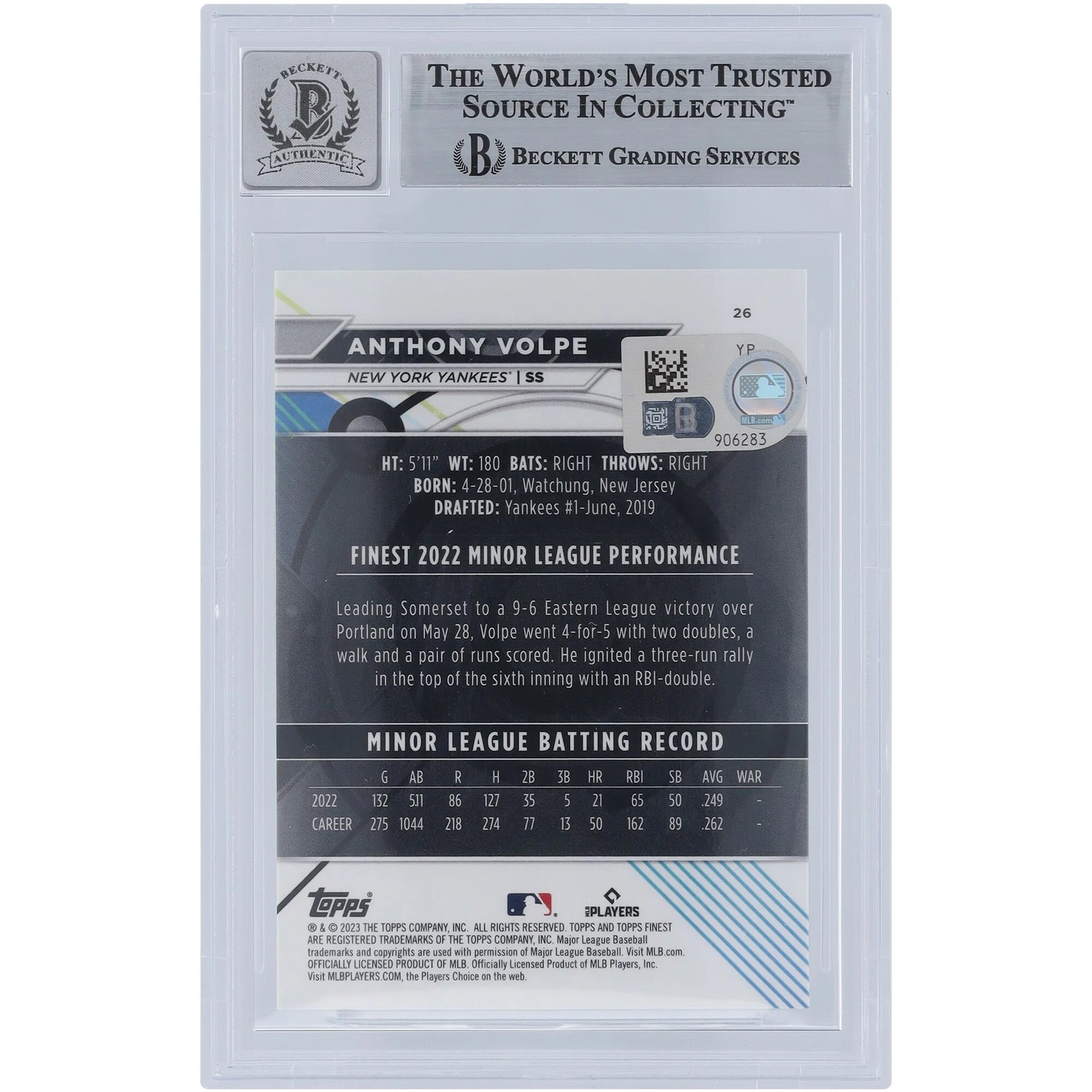 Anthony Volpe Signed 2023 Topps Finest #26 Rookie Card | Grade 10