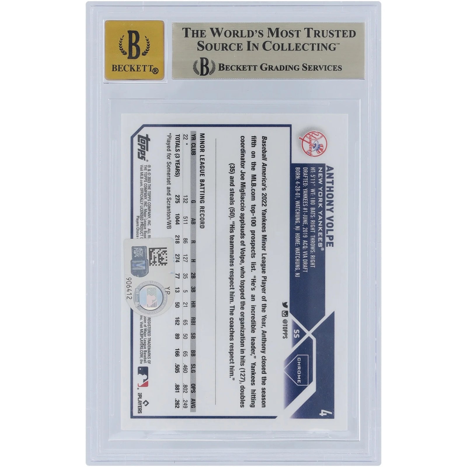 Anthony Volpe Signed 2023 Topps Chrome #4 Rookie Card | Graded 9.5